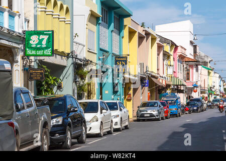 Phuket, Thailand - November 2nd 2016: Looking down Thalang Road. This is the heart of the Old Town area. Stock Photo