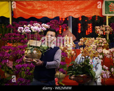 Customers crowd a flower market to buy flowers for the Chinese Lunar New Year, also known as Spring Festival, in Guangzhou city, south China's Guangdo Stock Photo