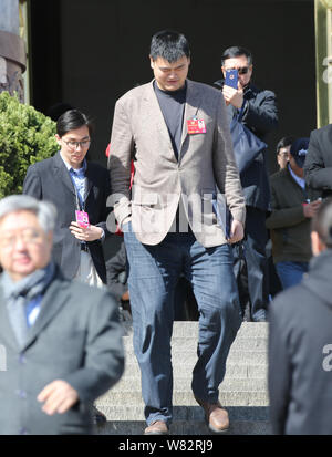 --FILE--Retired Chinese basketball star Yao Ming, right, attends the third Session of the 12th National Committee of the CPPCC (Chinese People's Polit Stock Photo