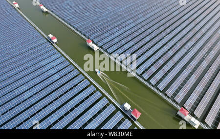 Aerial view of solar panels in China's largest photovoltaic (PV) power station built on a fish farm in Cixi city, east China's Zhejiang province, 11 J Stock Photo