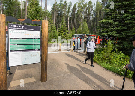 Shuttle Stop schedule at the Apgar Visitor Center in Glacier National Park, Montana, USA Stock Photo