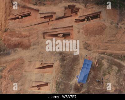 Aerial view of the excavation site of ancient tombs spanning from Shang Dynasty (1600-1046 BC) to Ming Dynasty (1368-1644) at Xintang county in Guangz Stock Photo