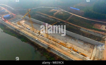 Aerial view of the construction site of a full-scale replica of the Titanic passenger liner in Daying county, Suining city, southwest China's Sichuan Stock Photo