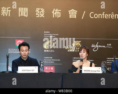 South Korean actress Moon Jeong-hee, right, and actor actor Kim Nam-gil attend a press conference to promote their new movie 'Pandora' during the 1st Stock Photo