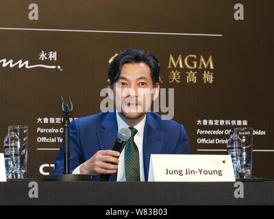 South Korean actor Jung Jin-young attends a press conference to promote his new movie 'Pandora' during the 1st International Film Festival and Awards Stock Photo