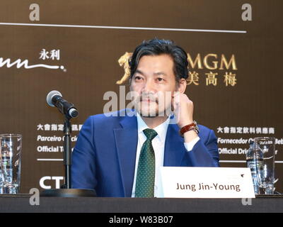 South Korean actor Jung Jin-young attends a press conference to promote his new movie 'Pandora' during the 1st International Film Festival and Awards Stock Photo