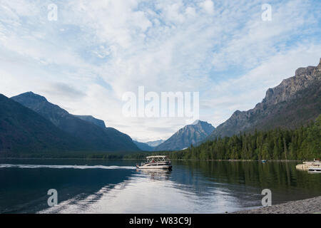 Private boat on the Lake McDonald in Glacier National Park, Montana, USA Stock Photo