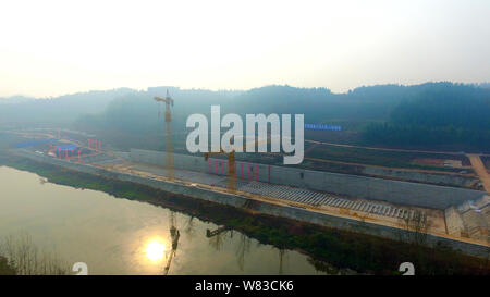 Aerial view of the construction site of a full-scale replica of the Titanic passenger liner in Daying county, Suining city, southwest China's Sichuan Stock Photo