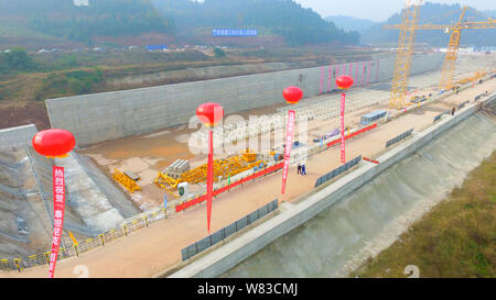 Aerial view of the construction site of a full-scale replica of the Titanic passenger liner in Daying county, Suining city, southwest China's Sichuan Stock Photo