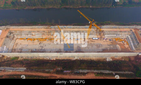 Aerial view of the construction site of a full-scale replica of the Titanic passenger liner in Daying county, Suining city, southwest China's Sichuan Stock Photo