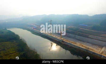 Aerial view of the construction site of a full-scale replica of the Titanic passenger liner in Daying county, Suining city, southwest China's Sichuan Stock Photo