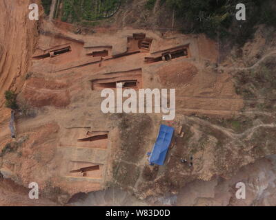 Aerial view of the excavation site of ancient tombs spanning from Shang Dynasty (1600-1046 BC) to Ming Dynasty (1368-1644) at Xintang county in Guangz Stock Photo