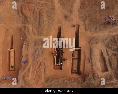 Aerial view of the excavation site of ancient tombs spanning from Shang Dynasty (1600-1046 BC) to Ming Dynasty (1368-1644) at Xintang county in Guangz Stock Photo