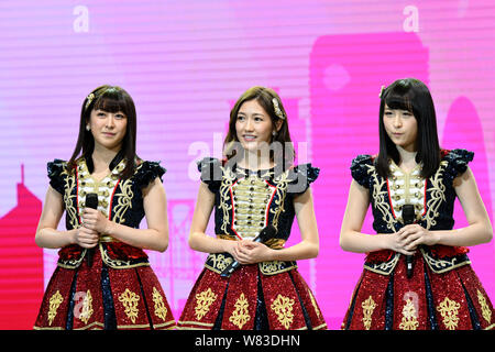 (From left) Rina Izuta, Mayu Watanabe and Saya Kawamoto of Japanese girl group AKB48 attend a fan meeting in Shanghai, China, 10 December 2016. Stock Photo