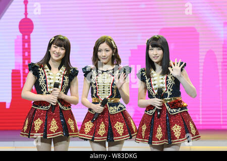 (From left) Rina Izuta, Mayu Watanabe and Saya Kawamoto of Japanese girl group AKB48 attend a fan meeting in Shanghai, China, 10 December 2016. Stock Photo