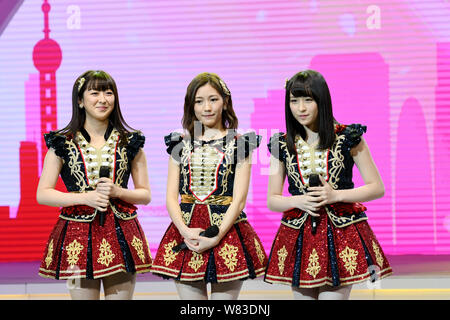 (From left) Rina Izuta, Mayu Watanabe and Saya Kawamoto of Japanese girl group AKB48 attend a fan meeting in Shanghai, China, 10 December 2016. Stock Photo