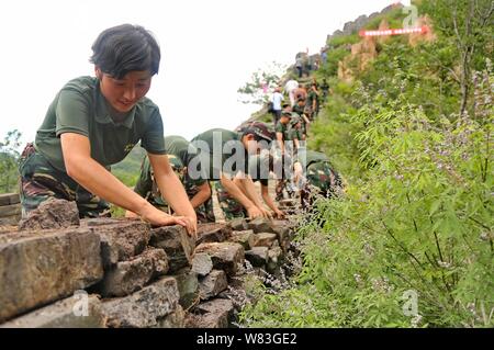 --FILE--Young Chinese volunteers preserve the Banchangyu Great Wall in Qinhuangdao city, north China's Hebei province, 25 July 2016.   The government Stock Photo