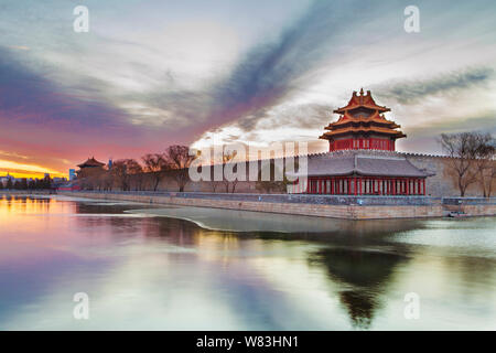 View of the Turret at the Palace Museum, also known as the Forbidden City, at sunrise in Beijing, China, 9 December 2016. Stock Photo