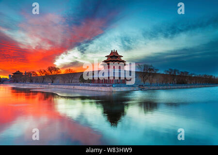 View of the Turret at the Palace Museum, also known as the Forbidden City, at sunrise in Beijing, China, 9 December 2016. Stock Photo