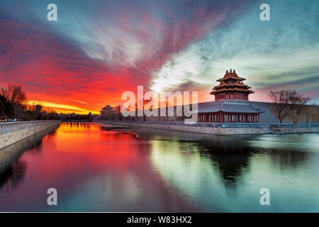 View of the Turret at the Palace Museum, also known as the Forbidden City, at sunrise in Beijing, China, 9 December 2016. Stock Photo