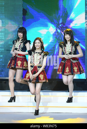 (From left) Rina Izuta, Mayu Watanabe and Saya Kawamoto of Japanese girl group AKB48 attend a fan meeting in Shanghai, China, 10 December 2016. Stock Photo