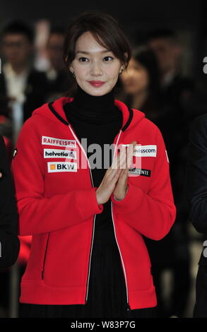 South Korean actress Shin Min-a attends the opening ceremony for a new store of Japanese sports clothing Descente in Beijing, China, 13 December 2016. Stock Photo