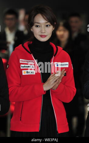 South Korean actress Shin Min-a attends the opening ceremony for a new store of Japanese sports clothing Descente in Beijing, China, 13 December 2016. Stock Photo