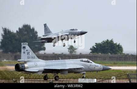 PAC JF-17 Thunder or CAC FC-1 Xiaolong fighter jets jointly developed by China and Pakistan perform during a demonstration flight ahead of the 11th Ch Stock Photo