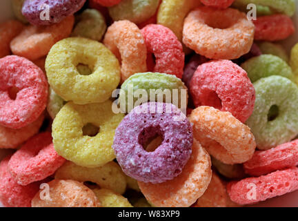 Close-up colorful sugary ring shaped fruit flavored cereal Stock Photo