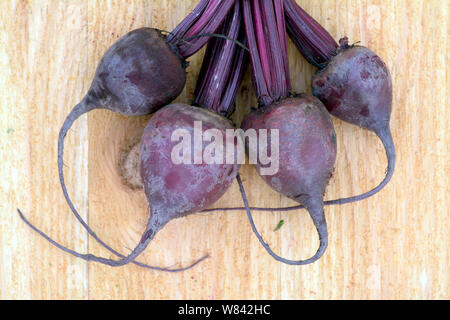 Four beetroots on wooden table Stock Photo