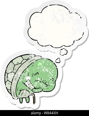 cute cartoon old turtle with thought bubble as a distressed worn sticker Stock Vector