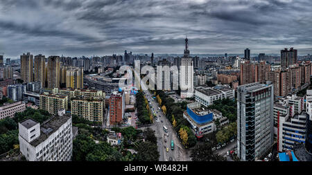 Skyline of skyscrapers and high-rise buildings in Yuzhong Peninsula in Chongqing, China, 12 December 2015. Stock Photo