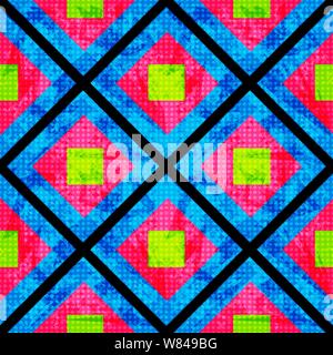 green and pink on a blue background of the polygons. Seamless geometric pattern. grunge effect Stock Vector