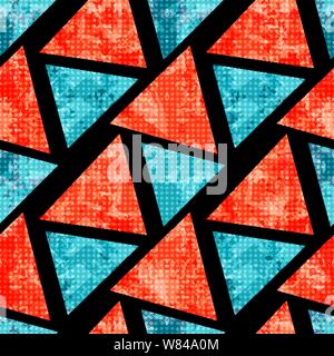 orange and blue polygons on a black background. Geometric seamless pattern. grunge effect. vector illustration. Stock Vector