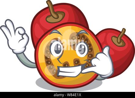 Call me fruit tamarillo above mascot wood table Stock Vector