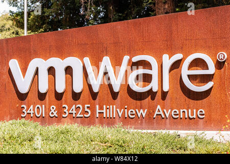 August 5, 2019 Palo Alto / CA / USA - Sign located at the entrance to VMware offices located in Silicon Valley; VMware provides cloud computing and pl Stock Photo