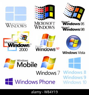 Evolution of Windows logotypes, printed on white paper Stock Photo