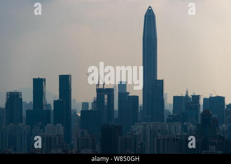 Skyline of Futian District with the Ping An International Finance Centre, tallest, and other high-rise residential and office buildings in Shenzhen ci Stock Photo