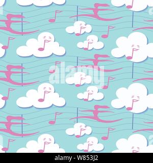 Cloud dancing girl with musical notes along a music bar with clouds with happy faces floating around them in a seamless tileable pattern Stock Vector