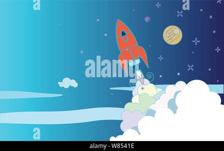 Rocket breaking through the clouds on the edge of space with the moon and stars and planets above Stock Vector