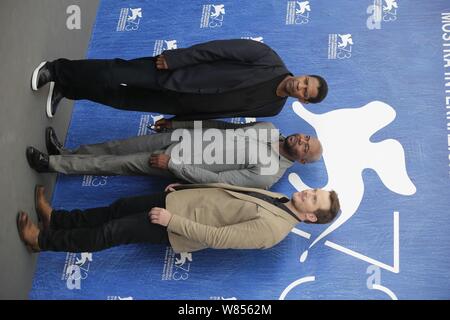 (From let) American actor Denzel Washington, film director Antoine Fuqua and actor Chris Pratt attend a press conference for their movie 'The Magnific Stock Photo