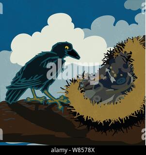 Crow collectibles, arrows can lids buttons nuts & bolts stored in its nest on a tree branch with clouds rolling past in the sky Stock Vector
