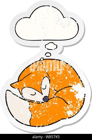 cartoon sleeping fox with thought bubble as a distressed worn sticker Stock Vector