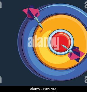 Dart board with two darts stuck on in the center ring one in the second ring red yellow & blue Stock Vector