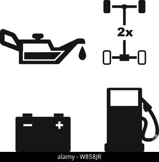 SUV dash icon indicators. Oil indicator, battery indicator, gas indicator, and 2 and 4 wheel drive indicator Stock Vector