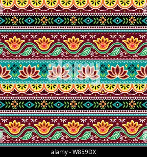 Pakistani or Indian truck art vector seamless pattern, Indian truck floral design with flowers, leaves and abstract shapes in brown, orange and green Stock Vector