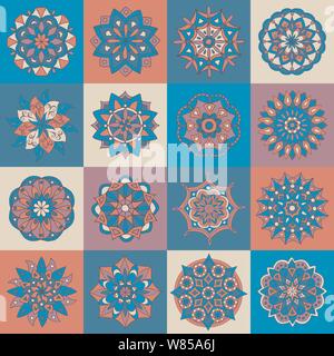 Abstract multi-colored seamless pattern with hand-drawn mandalas, for decoration and design Stock Vector