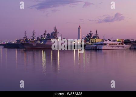 SAINT-PETERSBURG, RUSSIA - JULY 27, 2019: July twilight in the Middle Harbor. Kronstadt Stock Photo