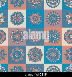 Abstract multi-colored seamless pattern with hand-drawn mandalas, for decoration and design Stock Vector