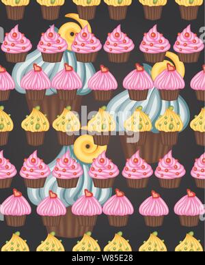 Birthday background. Seamless pattern with cupcakes and muffins. Cute cartoon cupcakes. Stock Vector